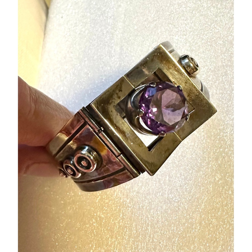 Vintage Mexico Sterling Silver & Amethyst Modernist Cuff Hinged Bracelet - Picture 2 of 9